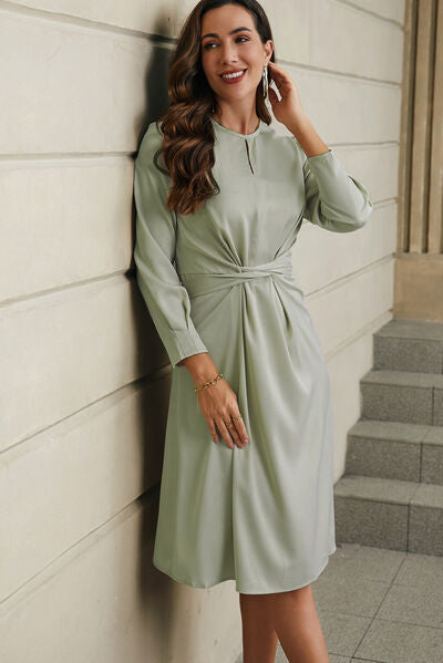 Tie-Waist Round Neck Long Sleeve Dress