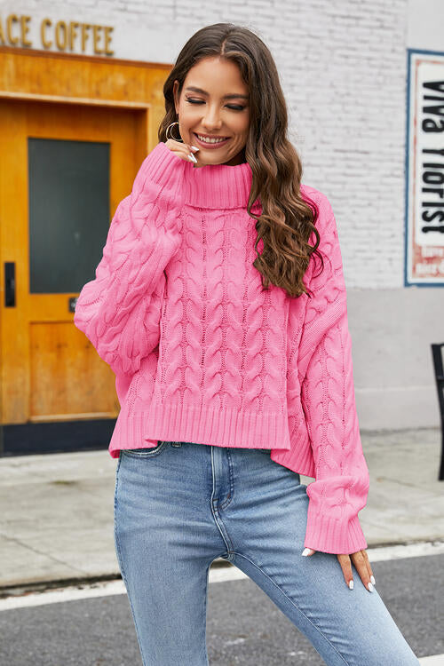 Turtleneck Cable-Knit  Long Sleeve Sweater