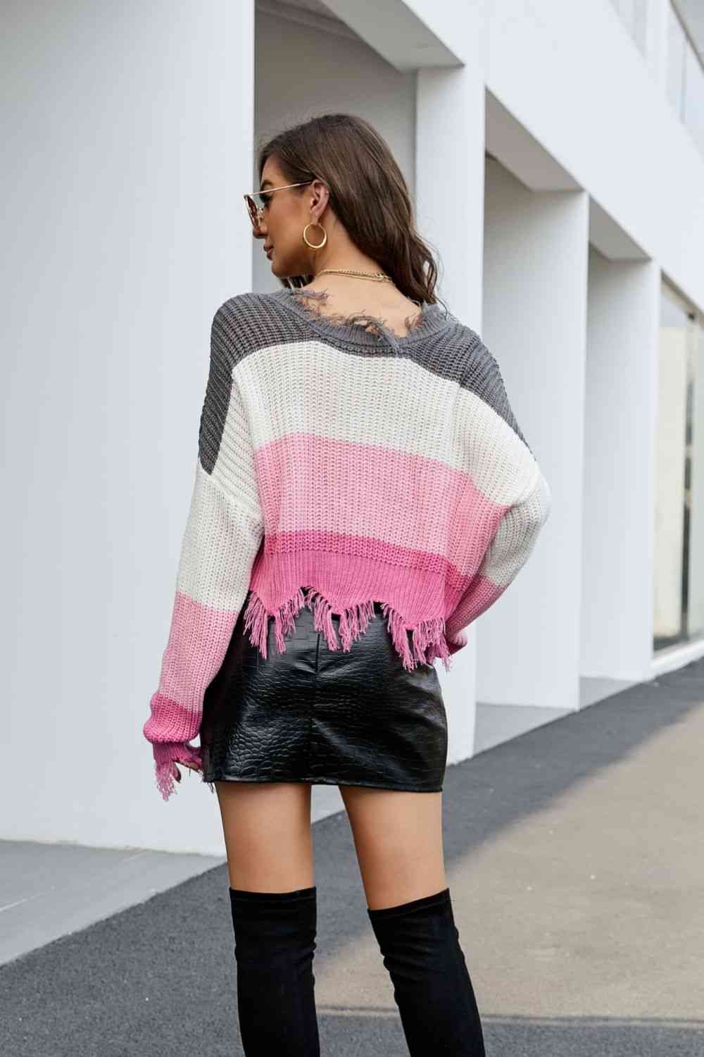 Striped Fringe Trim V-Neck Sweater