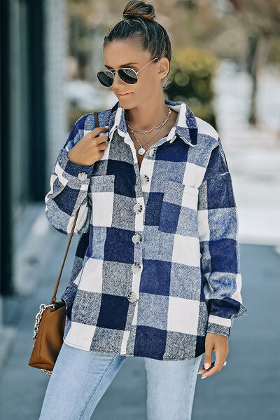 Plaid Button Up Dropped Shoulder Jacket