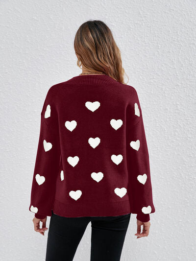 Heart Round Neck Dropped Shoulder Sweater