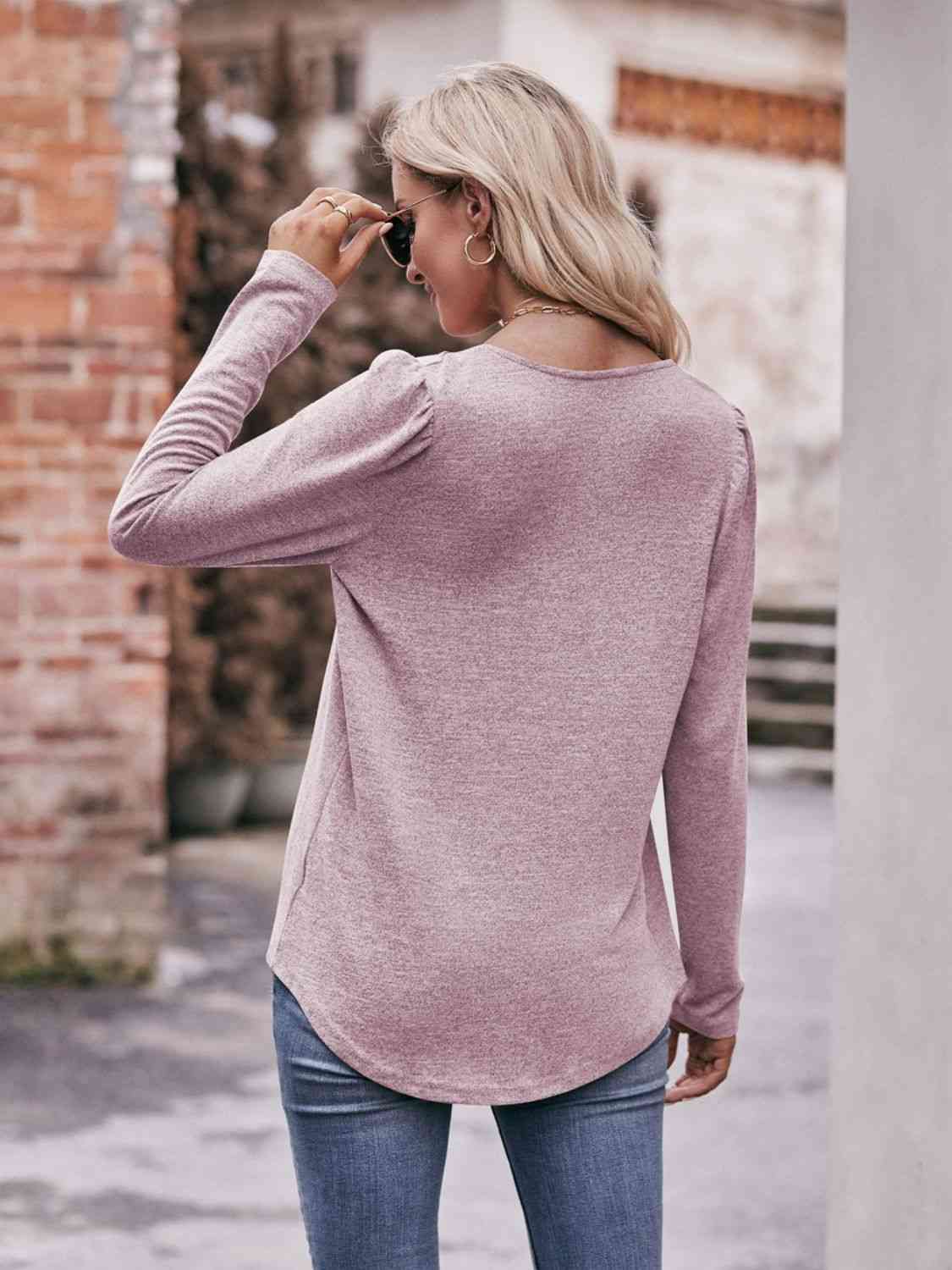 Double Take Pleated Detail Curved Hem Long Sleeve Top