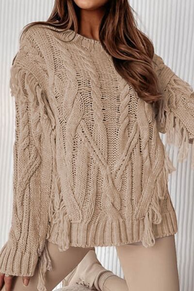 Cable-Knit Fringe Round Neck Sweater