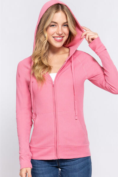 ACTIVE BASIC Waffle Knit Drawstring Zip Up Long Sleeve Hoodie