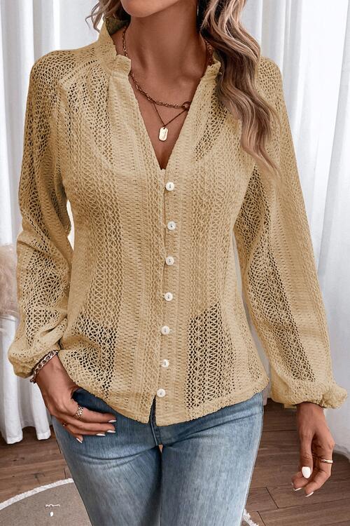 Openwork Button Up Long Sleeve Shirt